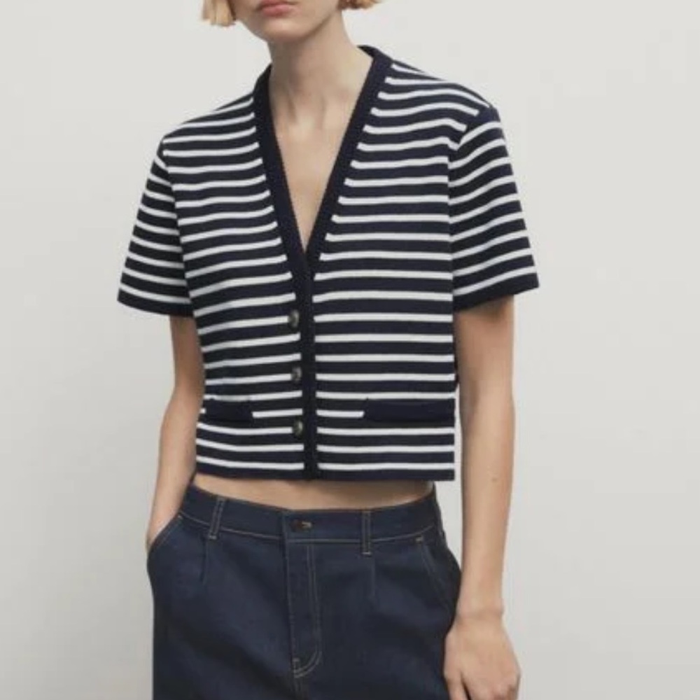 Massimo Dutti Navy Blue and Cream Striped Knit Cardigan!